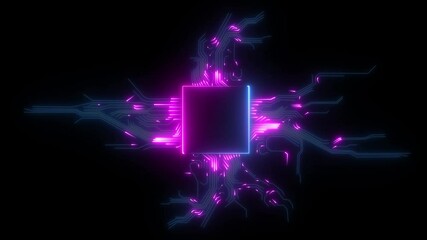 Concept: Advanced Futuristic 4K CPU chip set and electric circuit with data transfer moving on dark background for technology cyber and futuristic concept Technology cyber blockchain and futuristic 