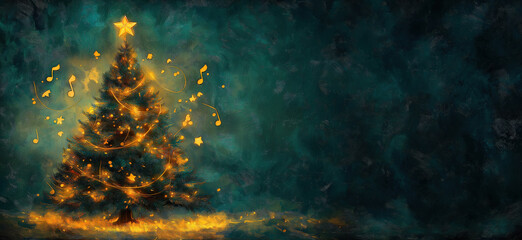 Christmas tree adorned with lights and musical notes in a festive atmosphere.