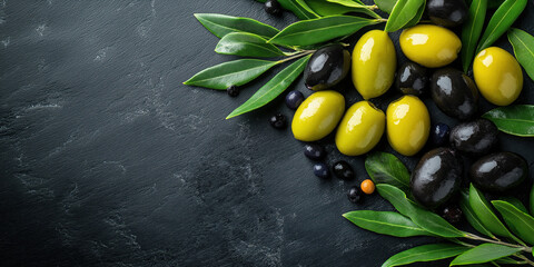 Fresh olives with green leaves on dark stone background for culinary use and decoration.