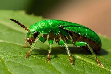 Fototapeta premium Macro close-up of a vibrant green insect resting on a leaf, showcasing its detailed exoskeleton, tiny legs, and delicate features with soft, natural lighting.
