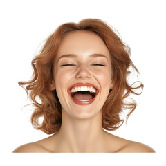 Close-up portrait of a cheerful young woman with curly red hair laughing happily with eyes closed and broad smile showing white teeth, isolated on white background