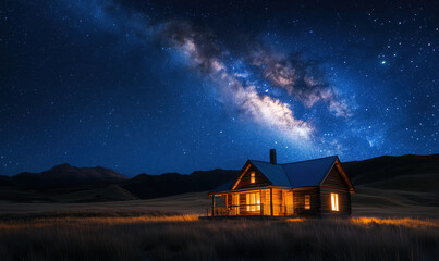 Starlit Night Sky Over Cozy Cabin in Serene Landscape with Milky Way.