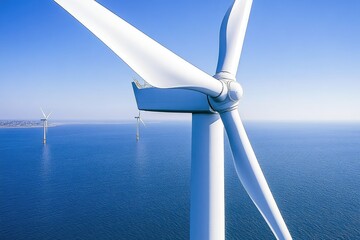 Close-up of wind turbine blades over a vast expanse of ocean  Multiple turbines visible in the distance