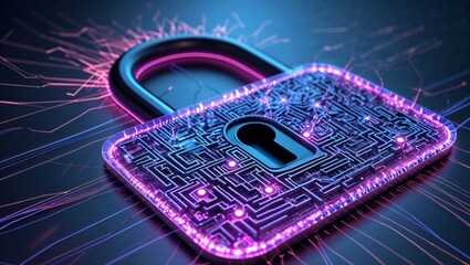 Cybersecurity lock visualizes circuit board and data protection encryption metaphor