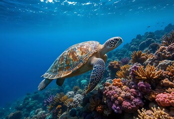 Fototapeta premium Sea Turtle Swimming Near a Colorful Coral Reef in Deep Blue Ocean