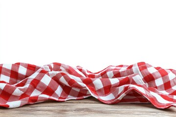 Red and white checkered tablecloth draped on a wooden surface  The tablecloth is wrinkled and folds over the edge of a table against a white background