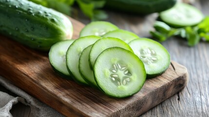 Freshly sliced cucumbers on a wooden cutting board.