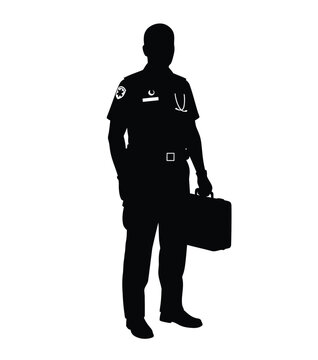 Paramedic silhouette. This image showcases a bold black silhouette of a paramedic, also referred to as an EMT or first responder, holding medical equipment. Vector clipart illustration design.