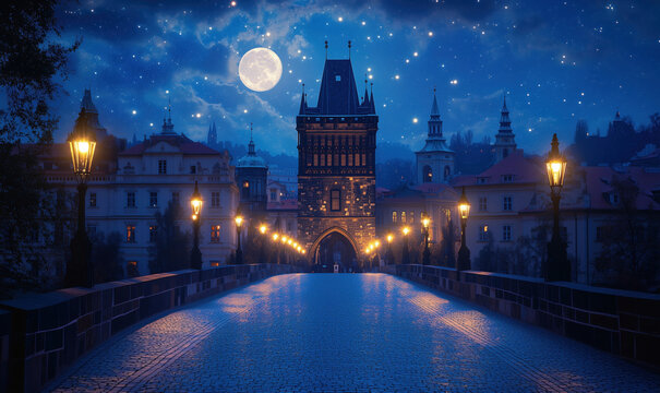 Prague's Charles Bridge at Night Under Full Moon with Starry Sky and Historic Architecture.