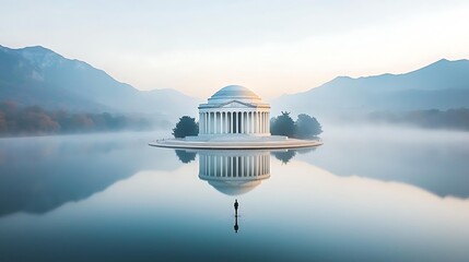 Majestic monument reflected in tranquil waters, bathed in soft morning light