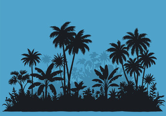 Tropical forest silhouette. This image depicts a tropical forest silhouette featuring lush foliage, palm trees, and greenery against a natural jungle landscape. Vector clipart illustration design.