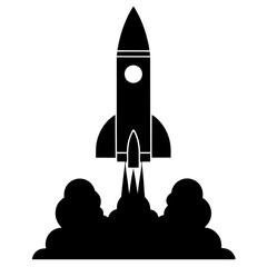 Silhouette of a rocket launching with smoke clouds and exhaust on a launch pad