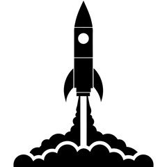 Silhouette of a rocket launching with smoke clouds and exhaust on a launch pad