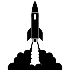 Fototapeta premium Silhouette of a rocket launching with smoke clouds and exhaust on a launch pad