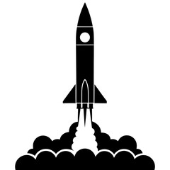 Fototapeta premium Silhouette of a rocket launching with smoke clouds and exhaust on a launch pad