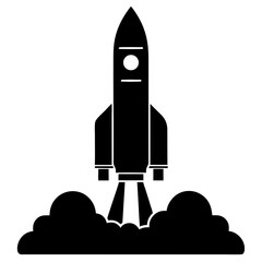 Silhouette of a rocket launching with smoke clouds and exhaust on a launch pad