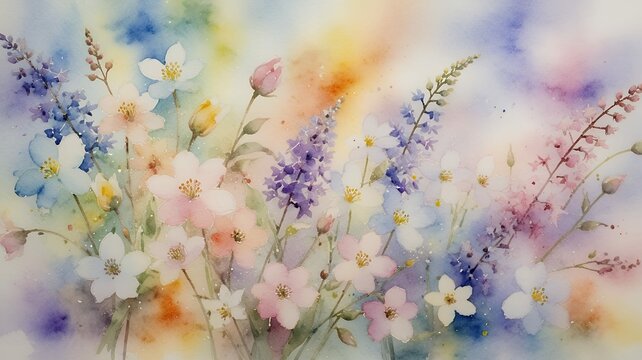 Artistic watercolor painting of blooming spring flowers in soft pastel colors capturing beauty, creativity, and floral illustration