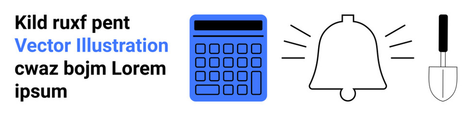 Blue calculator for calculations, bell symbolizing notifications, and a gardening trowel. Ideal for productivity, alerts, tools, work themes, minimalism concepts, technology simple landing page