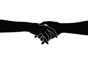 Hand in hand silhouette. A bold black silhouette image of two hands clasped together, referred to as a unity gesture or partnership symbol, connection and support. Vector clipart illustration design.