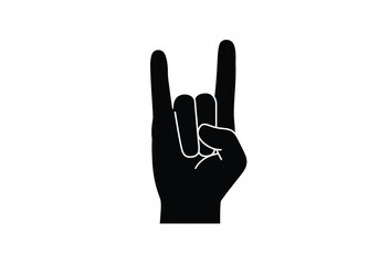 Rock hand silhouette. This image showcases a bold black silhouette of a hand making the "rock on" gesture, symbolizing music and attitude. Vector clipart illustration design.