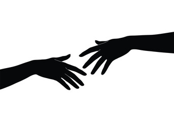 Reaching hand silhouette. This image showcases bold black silhouettes of two hands reaching towards each other, symbolizing interaction and support. Vector clipart illustration design.