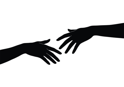 Reaching hand silhouette. This image showcases bold black silhouettes of two hands reaching towards each other, symbolizing interaction and support. Vector clipart illustration design.