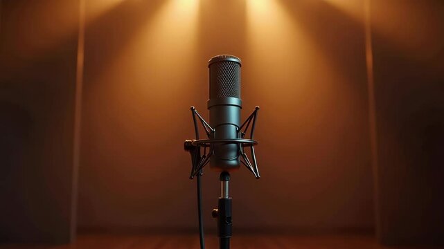 Studio microphone under spotlight in professional recording booth