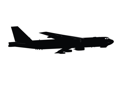 B52 silhouette. A bold black silhouette image of a B-52 bomber aircraft, also referred to as a Stratofortress or military jet, symbolizing power and aviation. Vector clipart illustration design.