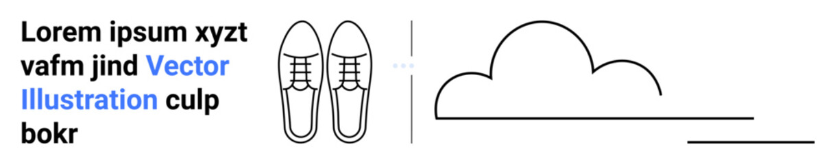 Pair of outlined shoes, abstract cloud design, placeholder text in sans-serif font. Ideal for branding, fashion, weather, outdoor lifestyle, minimalist posters, infographics simple landing page