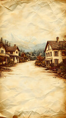 Fototapeta premium A vintage street with houses trees and mountains in the background on an aged paper texture
