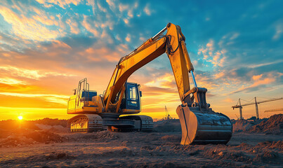 Excavator at Sunset on Construction Site with Cranes in Background.