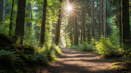 Fototapeta premium Peaceful forest path with sunlight streaming through trees offering a tranquil nature walk