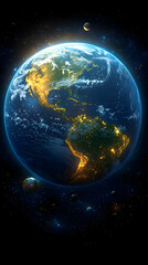 Planet Earth with the Americas visible from space surrounded by several moons and stars