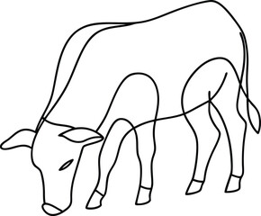 Cow peacefully grazing in an open pasture drawn in elegant continuous line art style minimalist black and white farm animal sketch for rustic decor or design