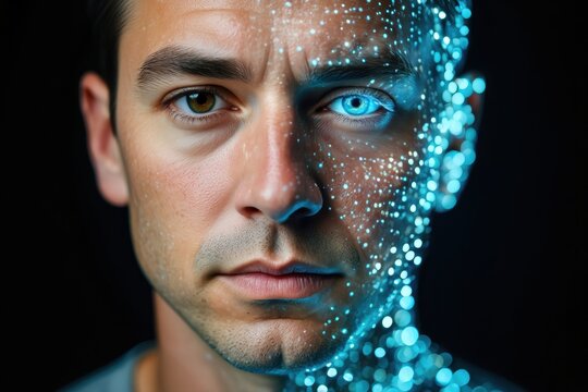 Cybernetic human portrait with digital interface and futuristic augmented reality elements