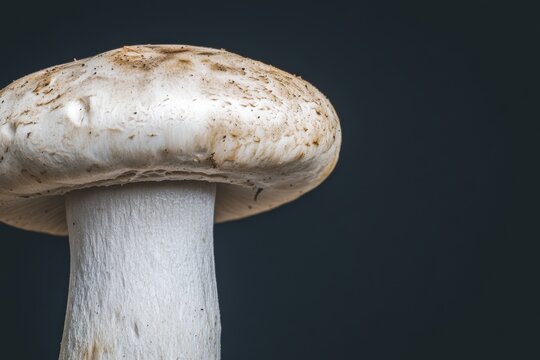 A close-up view of a white Shiitake mushroom cap, specifically Lentinula edodes, set against a black backdrop