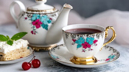 Fototapeta premium Elegant Rustic Tea Set with Teapot and Cup Displaying Beautiful Floral Design, Accompanied by Cake and Cherries on a Soft Focus Background
