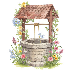 Watercolor Wishing Well Surrounded by Flowers, cottage core pastel, isolated on transparent background.