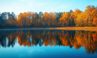 Stunning autumn landscape with vibrant foliage reflecting on tranquil lake.