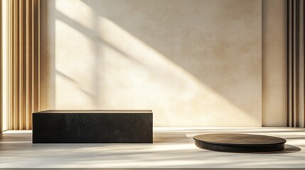 Minimalist, neutral-toned room with two dark display podiums. Sunlight streams through the windows