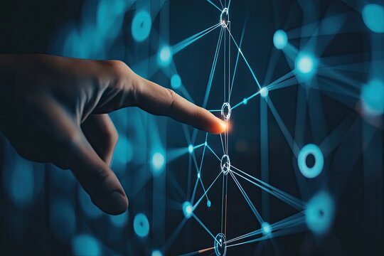 A hand interacts with a complex network of glowing connections  A fingertip touches a central point within a network of lines and dots, suggesting digital interaction, connections, and data flow - Powered by Adobe