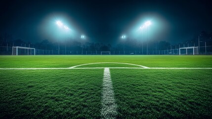 Obraz premium Night soccer field illuminated by bright stadium lights, showing corner markings on a lush green field.