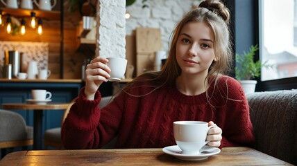 Young woman sipping tea in cozy café, comfort and relaxation