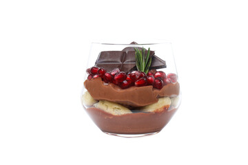 PNG, chocolate mousse in a glass with a pomegranate, isolated on a white background.