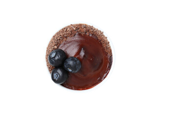 PNG, chocolate mousse with blueberries, isolated on white background.