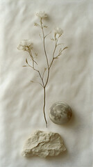 Still life featuring flowers a sphere and stone on wrinkled beige fabric in a soft and serene arrangement