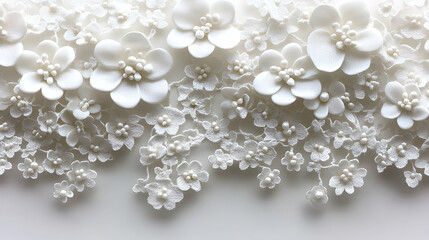 White floral arrangement with pearl-like beads creating a delicate and textured decorative pattern