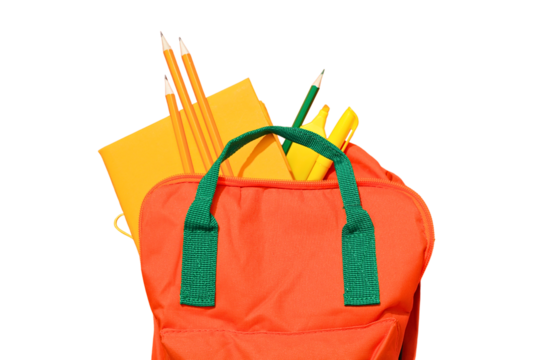 An orange backpack holds pens and notebooks, isolated on white, PNG