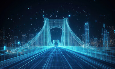 Obraz premium Futuristic digital bridge design with glowing blue wireframe structure and city skyline.