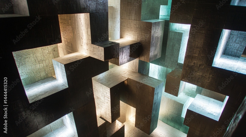 Poster room filled with many cubes creating a unique artistic environment representing celestial energy fie
